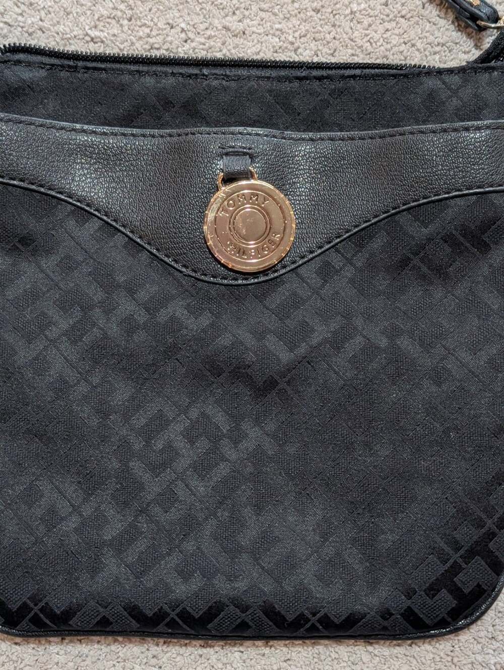 Tommy Hilfiger Black Monogram Jacquard Crossbody Bag Gold Medallion Adjustable S